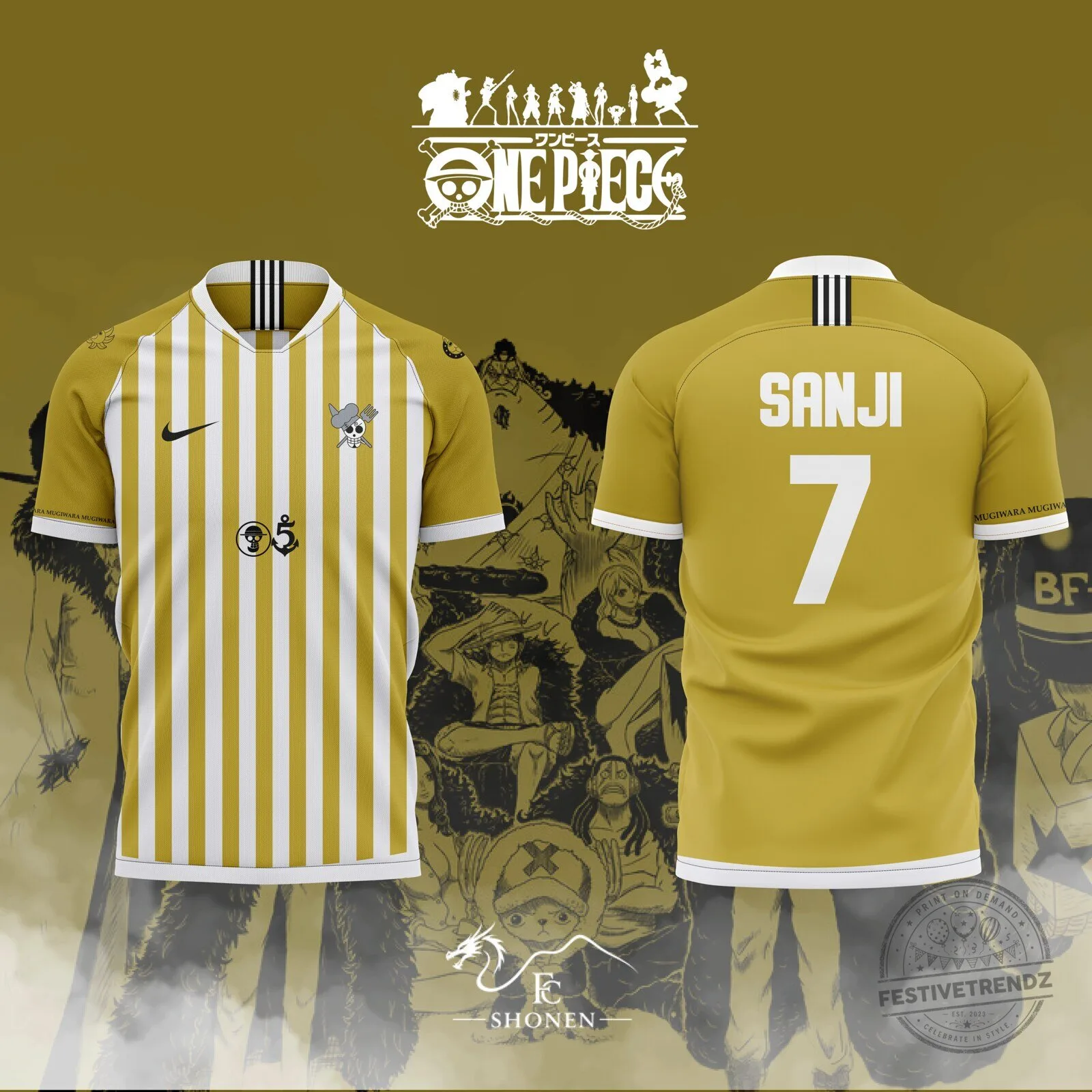 One Piece Sanji Straw Hat Pirates Gold Striped Soccer Jersey