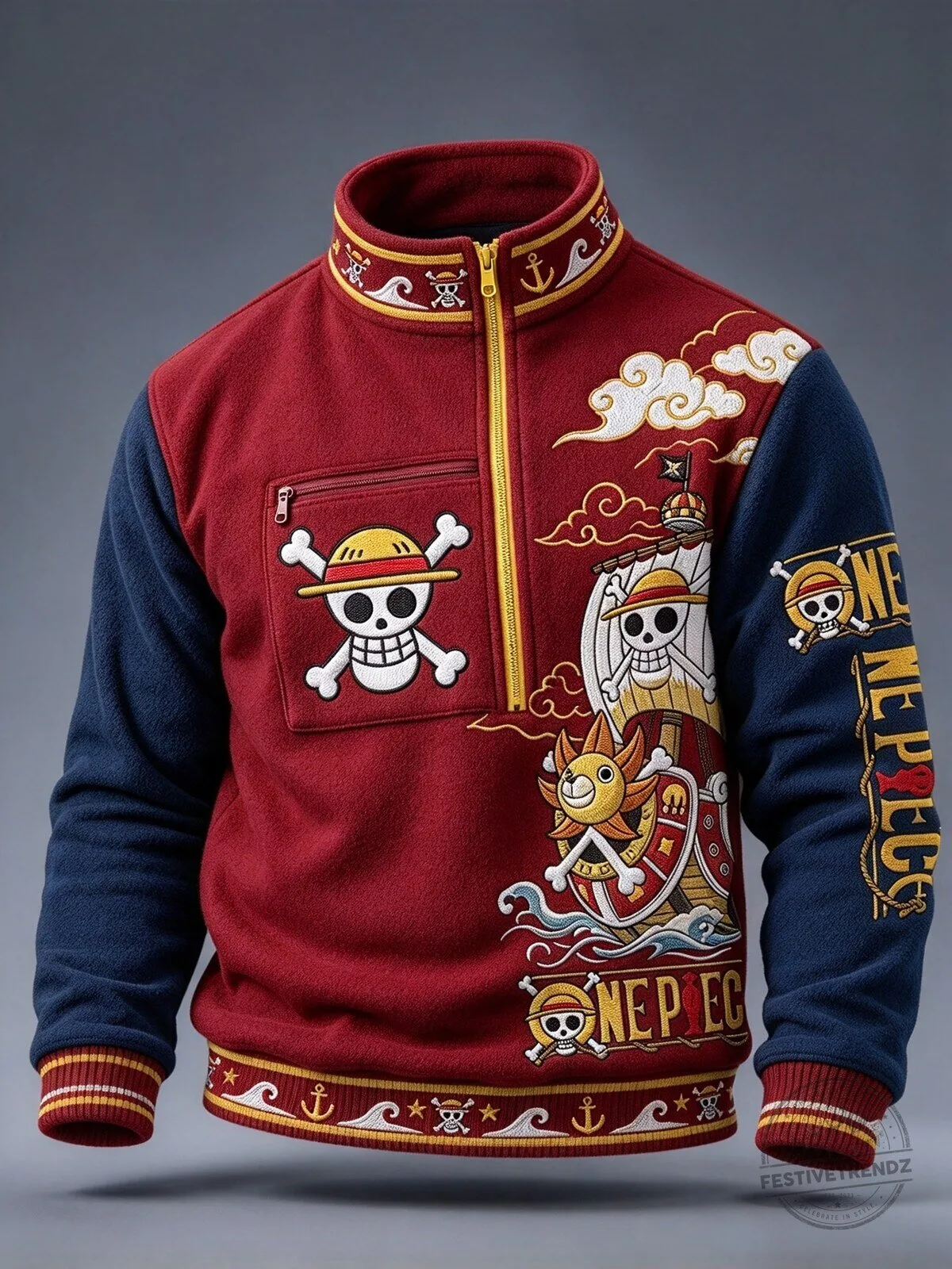 One Piece Anime Pirate Ship Embroidered Half-Zip Fleece Sweatshirt for Men