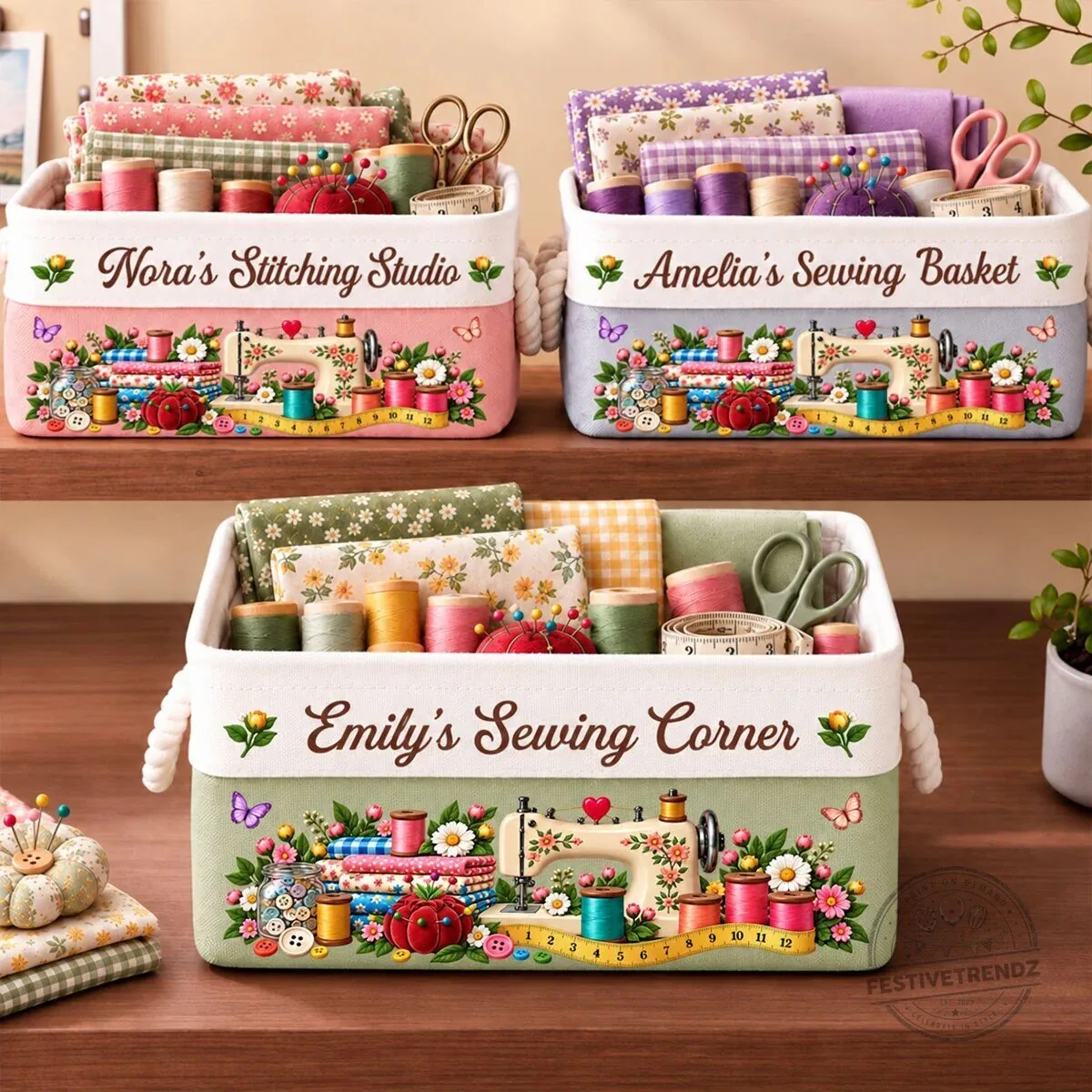 Personalized Sewing Basket with Custom Name for Craft Room Storage