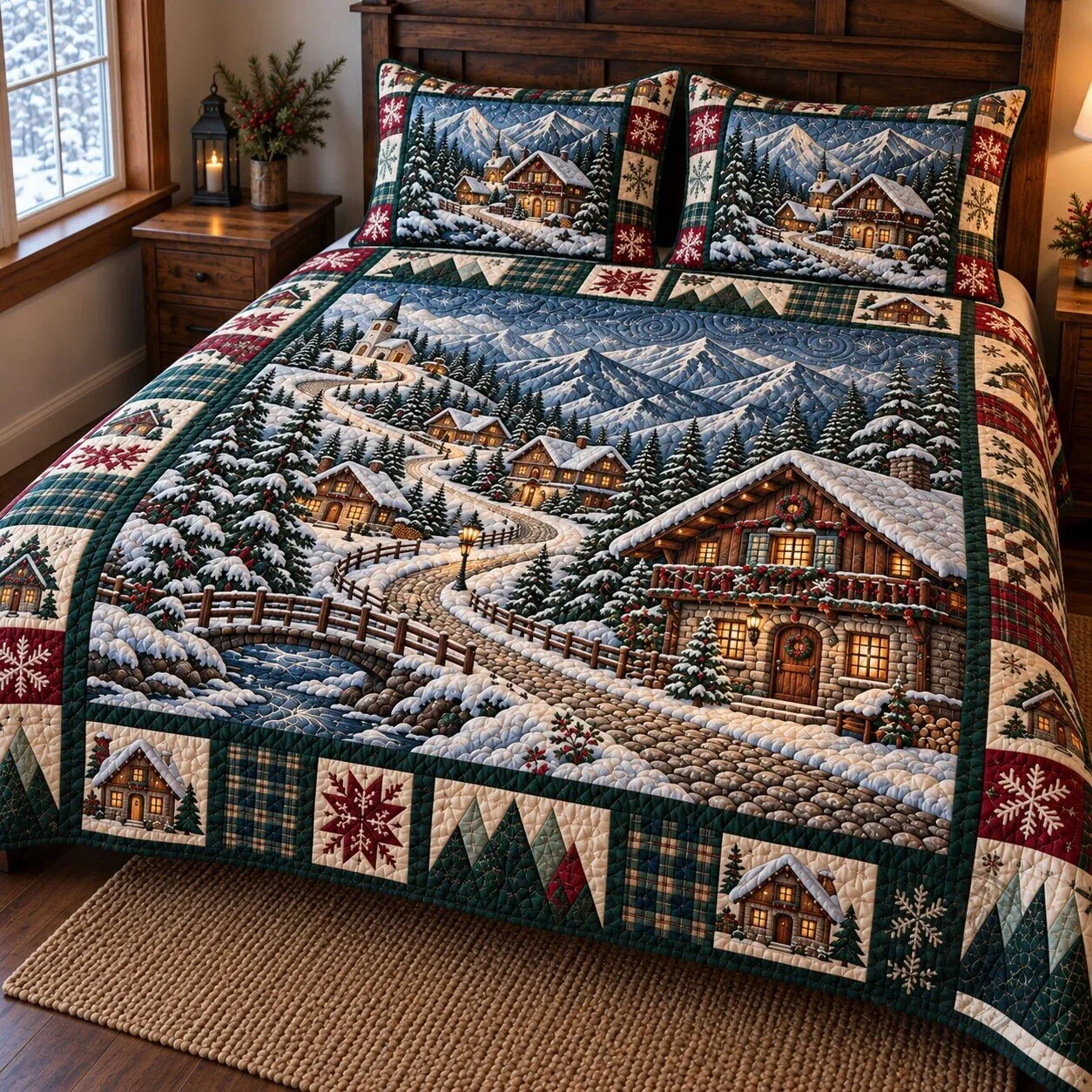 Christmas Village Winter Wonderland Quilted Bedding Set