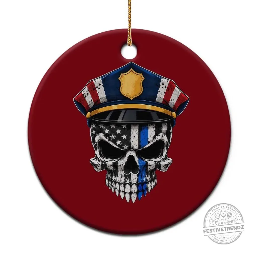 Thin Blue Line Police Officer Skull American Flag Christmas Tree Ornament