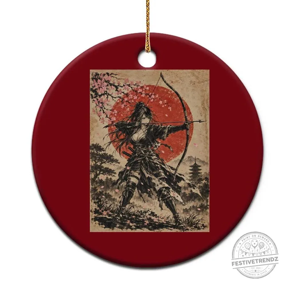 Japanese Samurai Archer Girl Vintage Ukiyoe Style Kyudo Bowhunter Ceramic Ornament