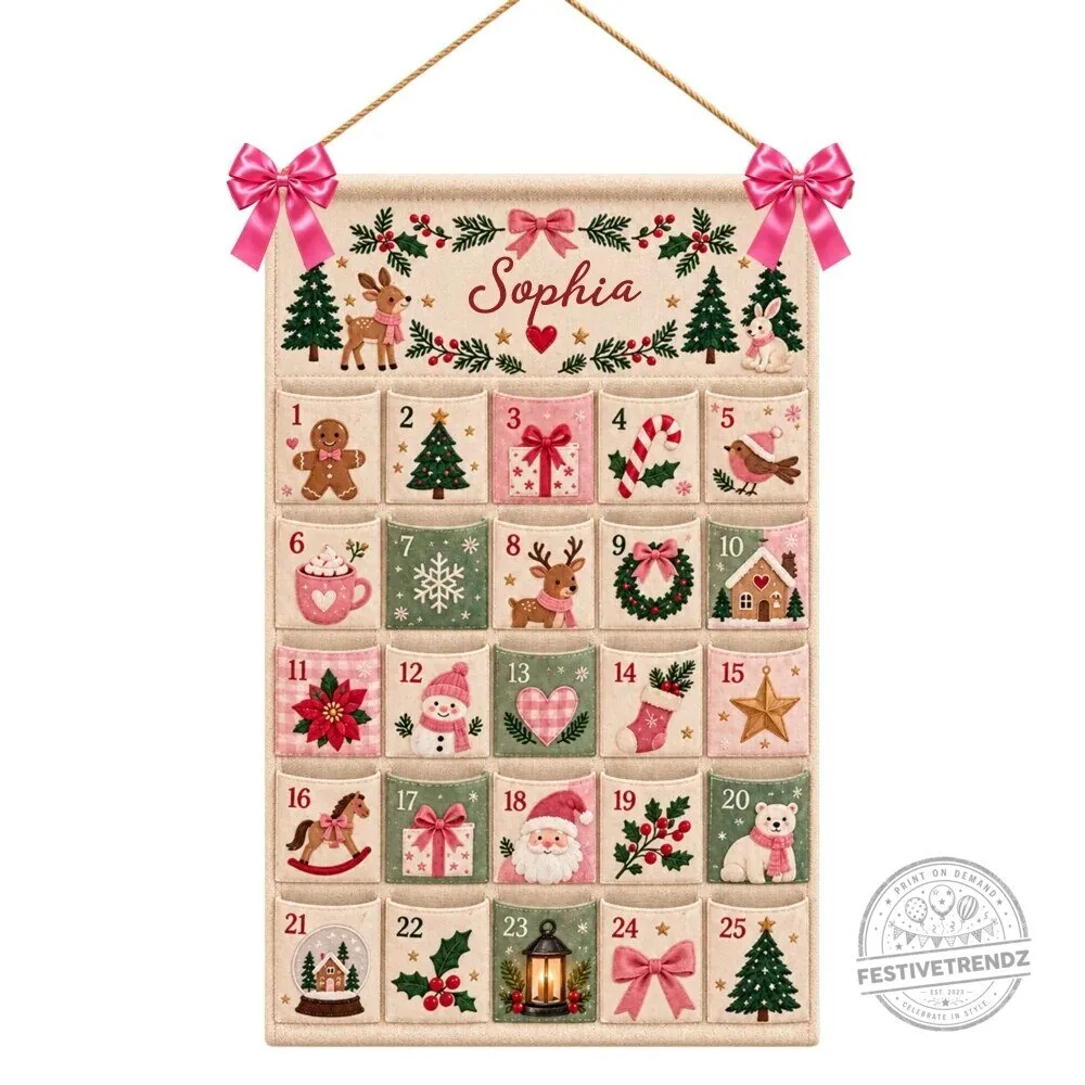 Personalized Christmas Advent Calendar with Pockets, Custom Name Wall Hanging Decor