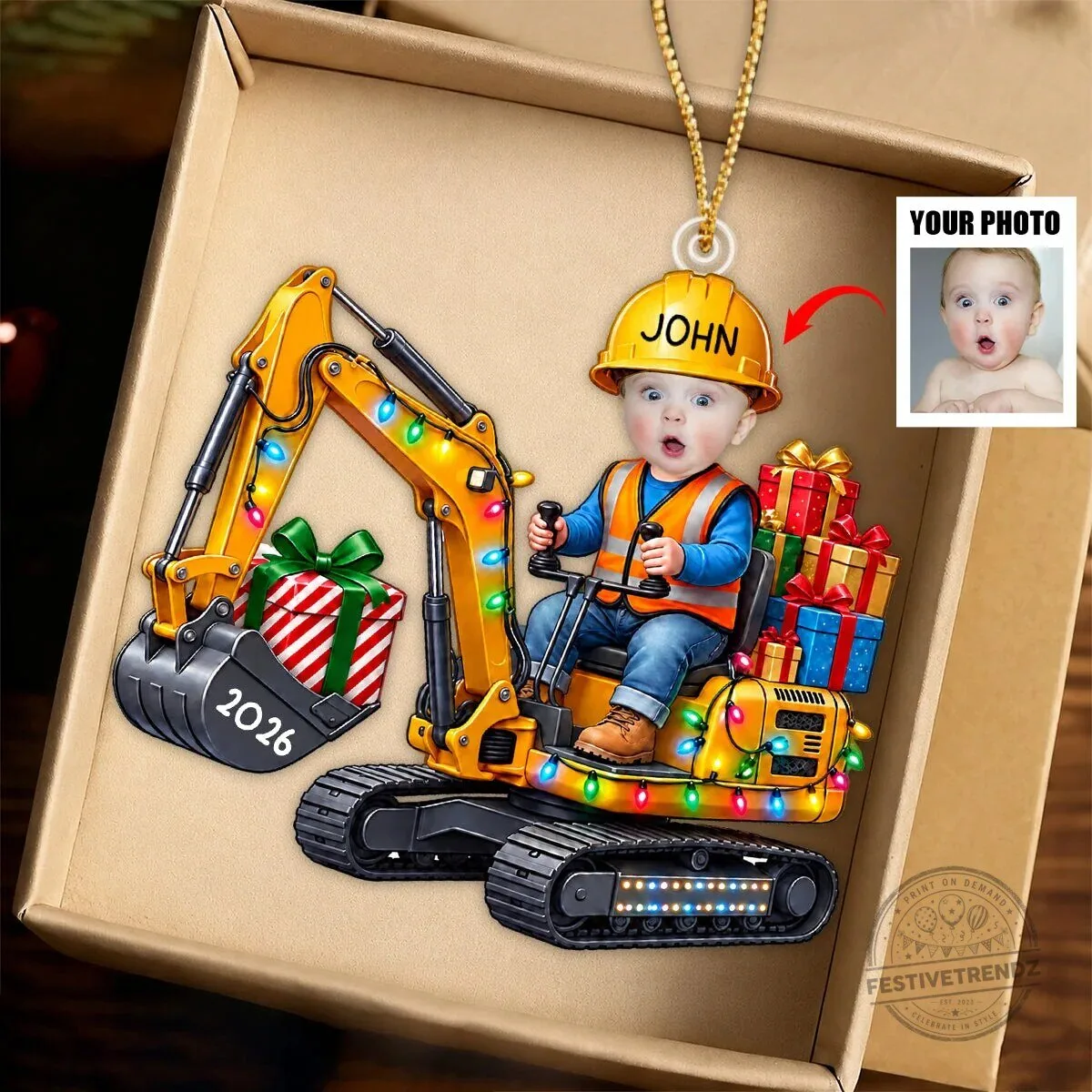 Personalized Baby Construction Worker Excavator Christmas Tree Ornament